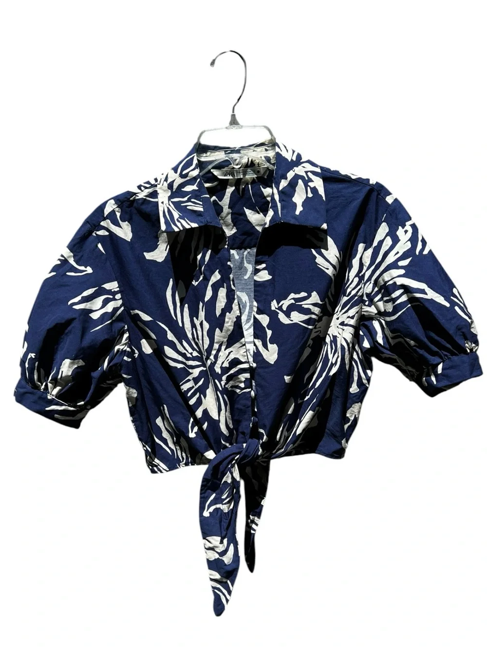 🌻Zara Blue White Floral Crop Top Tie Front Puff Sleeve Button Up Blouse Medium